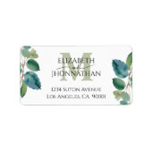 Waterverf Groen blauw eucalyptus Monogram Bruiloft Etiket (Voorkant)