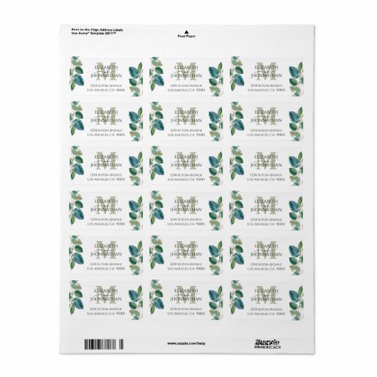 Waterverf Groen blauw eucalyptus Monogram Bruiloft Etiket (Full Sheet)