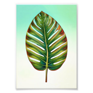 Waterverf Groen Blauwgroen Geel Rood Tropisch blad Foto Afdruk