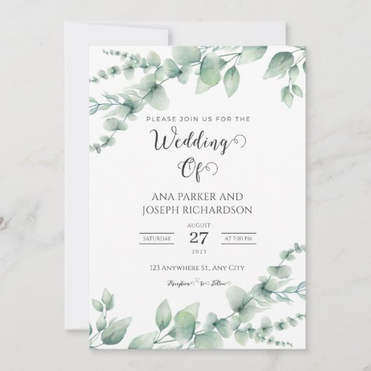 Waterverf Groen Botanisch Bladgroen Elegant Bruilo Kaart (Voorkant)