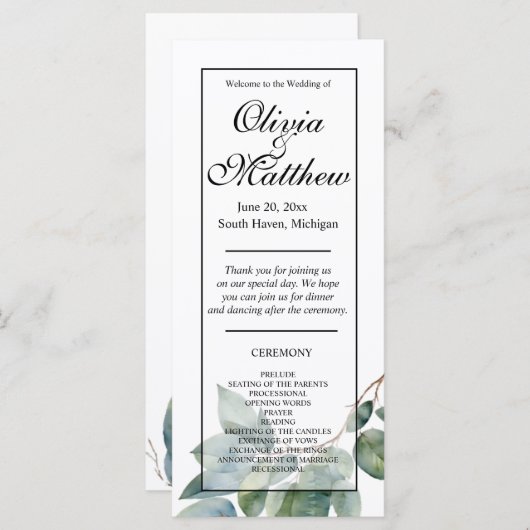 Waterverf groen botanisch bruiloft programma (Voorkant / Achterkant)