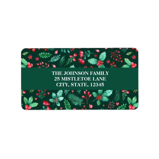 Waterverf Groen Botanische Bloemen Kerst Etiket (Voorkant)