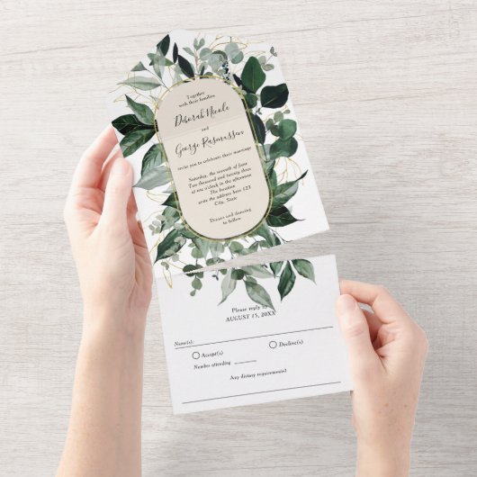 Waterverf groen botanische boho booched bruiloft all in one uitnodiging (Afscheurbaar)