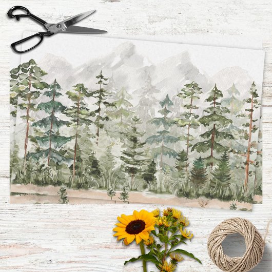 Waterverf groen dennenbos op berg tissuepapier