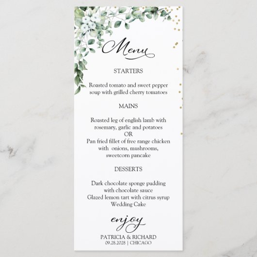 Waterverf Groen Elegant Bruiloft Menu Kaarten (Voorkant)