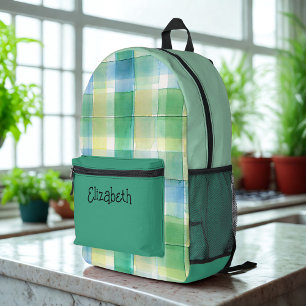 Waterverf Groen en Blauw Plaid Bedrukte Rugzak