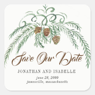 Waterverf groen en dennenappels sparen onze datum vierkante sticker