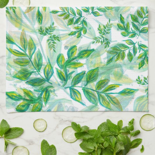 Waterverf groen en geel blad theedoek (Gevouwen)