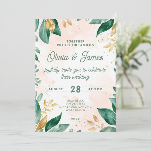 Waterverf groen en gouden bruiloft uitnodiging (Staand voorkant)
