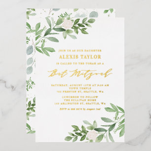 Waterverf groen en witte bloemen Bat Mitzvah Folie Uitnodiging