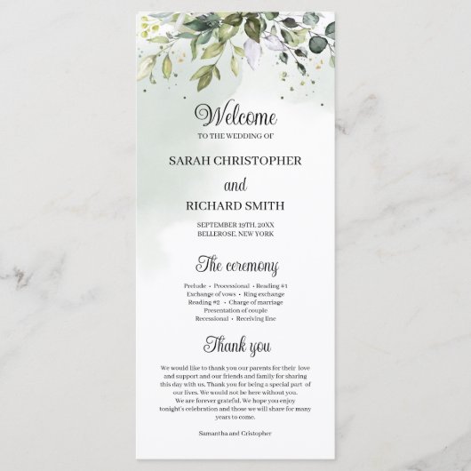 Waterverf groen gebladerte boho bruiloft programma (Voorkant)