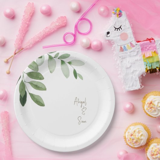 Waterverf groen gepersonaliseerde witte bruiloft papieren bordje (Feest)