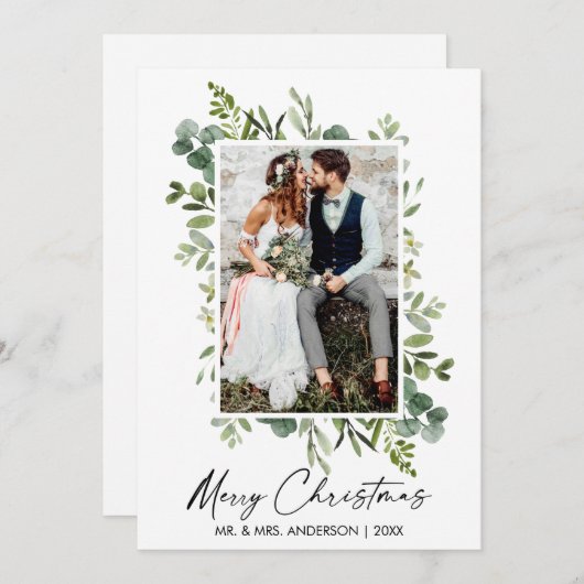 Waterverf groen kalligrafie inkt script bruiloft feestdagenkaart (Voorkant / Achterkant)