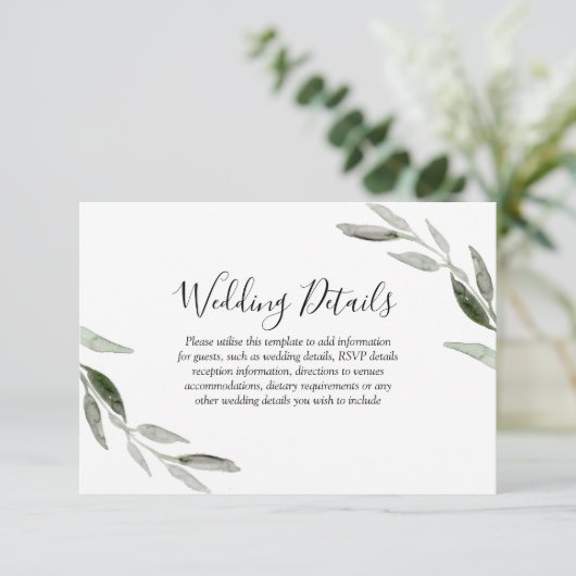 Waterverf Groen leder Moderne bruiloft Details RSVP Kaartje (Staand voorkant)