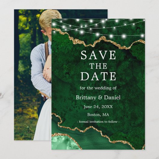 Waterverf Groen Marmer Agaat Geode Lichten Foto Save The Date (Voorkant / Achterkant)