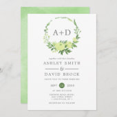 Waterverf groen monogram krans bruiloft kaart (Voorkant / Achterkant)