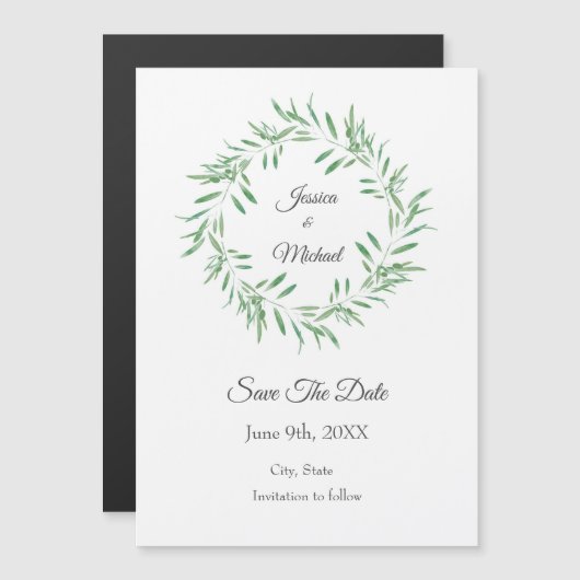 Waterverf Groen Olijf Krans Save The Date Magnetische Uitnodiging (Voorkant / Achterkant)