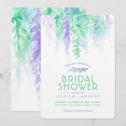 Waterverf groen paarse bruidsdouche uitnodigingen (Voorkant / Achterkant)