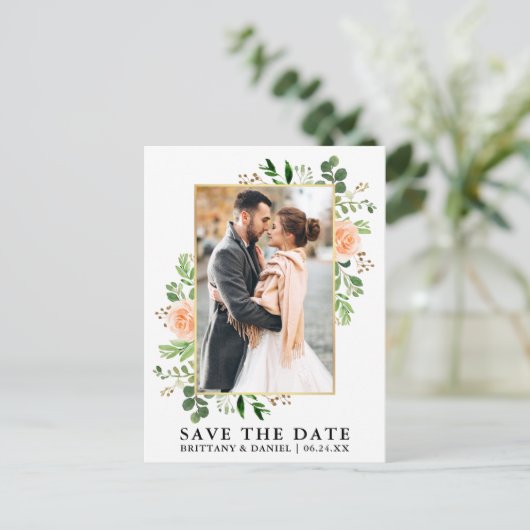 Waterverf groen perzik Rozen opslaan van de datum Briefkaart (Staand voorkant)