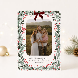 Waterverf Groen & Rode Strik Kerst Fotokaart Kaart