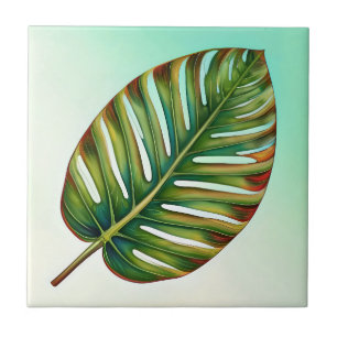 Waterverf Groen Turquoise Geel Rood Tropisch Blad Tegeltje