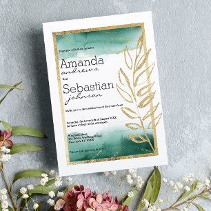Waterverf groen wit goud glitter bruiloft kaart