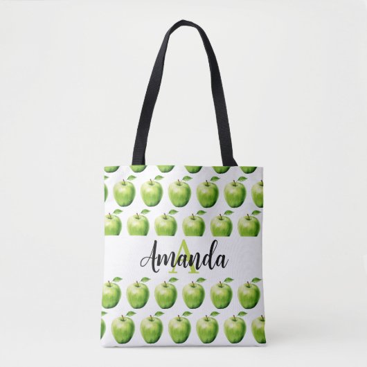 Waterverf Groene Apple Patroonnaam Monogramed Draagtas (Voorkant)