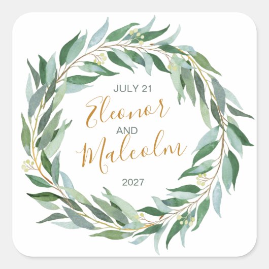 Waterverf groene baard, eucalyptus Wedding Vierkante Sticker (Voorkant)