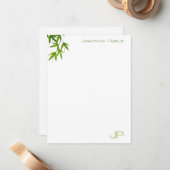 Waterverf Groene Bamboe bladeren Monogram Modern Notitiekaartje (Voorkant / Achterkant in situ)