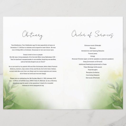 Waterverf Groene Begrafenisprogramma Sjabloon (Achterkant)