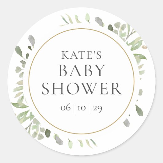 Waterverf Groene Bladeren Baby Shower Ronde Sticker (Voorkant)