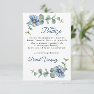 Waterverf Groene bladeren en Blauwe bloemen Doop Bedankkaart