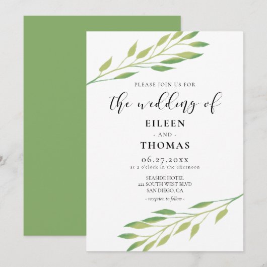Waterverf groene bladeren trouwuitnodiging kaart (Voorkant / Achterkant)