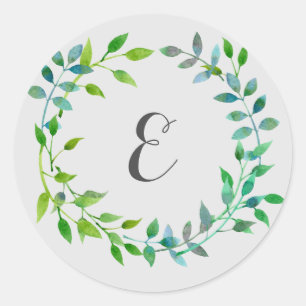 Waterverf groene bladkrans Monogram Ronde Sticker