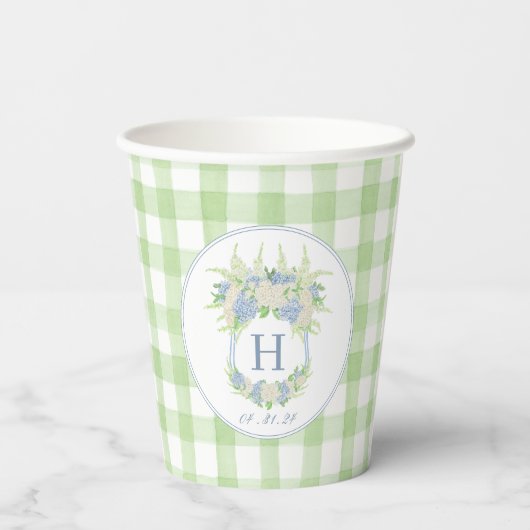 Waterverf Groene en Witte Hydrangea Crest Gingham Papieren Bekers (Achterkant)