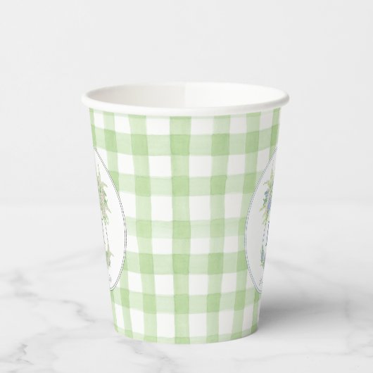 Waterverf Groene en Witte Hydrangea Crest Gingham Papieren Bekers (Links)
