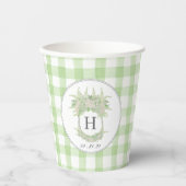 Waterverf Groene en Witte Hydrangea Crest Gingham Papieren Bekers (Voorkant)