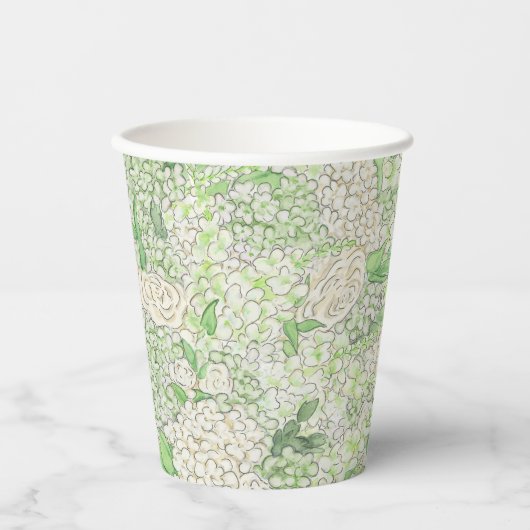 Waterverf Groene en Witte Hydrangea Crest Papieren Bekers (Voorkant)