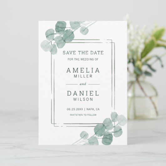 Waterverf Groene Eucalyptus Weddenschap Save The Date (Staand voorkant)