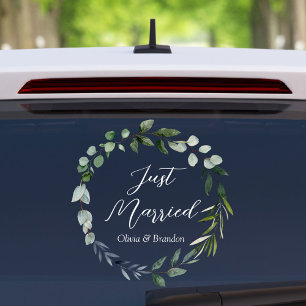 Waterverf groene eucalyptusbladeren pas getrouwd raamsticker