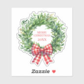 Waterverf groene krans met rode gingham boog sticker (Vel)