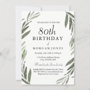 Waterverf Groene Leaf 80th Birthday Invitation Kaart