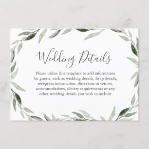 Waterverf Groene lef Wreath Wedding Details Informatiekaartje