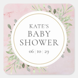 Waterverf Groene Meisje Baby Shower Roze Marmer Vierkante Sticker