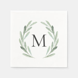 Waterverf Groene Olijftak Wreatmonogram Servetten