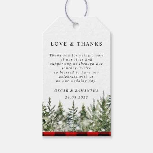 Waterverf groene pijnboom en rode buffelplaat cadeaulabel (Voorkant)