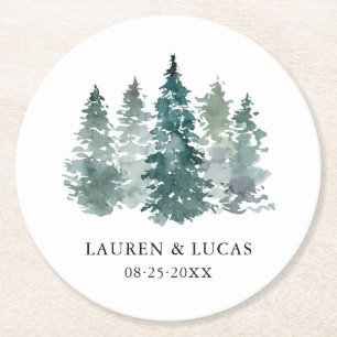 Waterverf Groene Pijnspar Bomen Bos Bruiloft Ronde Kartonnen Onderzetter