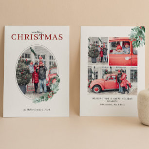 Waterverf Groene Planten Rode Bessen Ovaal Foto Feestdagenkaart