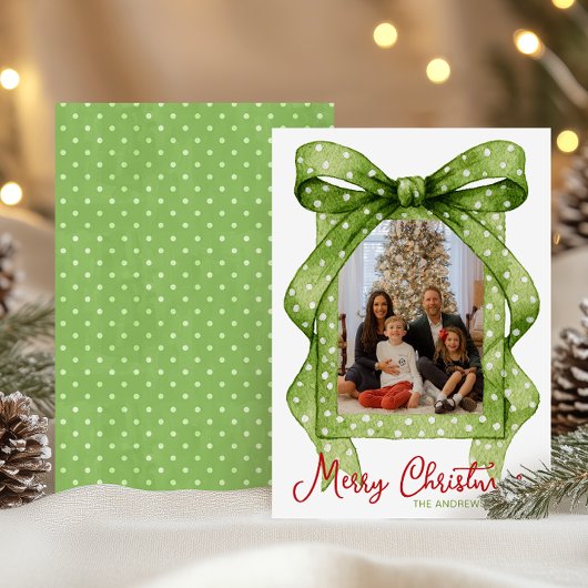 Waterverf Groene Polka Dot Bow Kerstfoto Feestdagenkaart