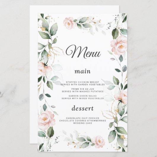 Waterverf Groene Roze Bloemen Gouden Trouw Menu (Voorkant / Achterkant)